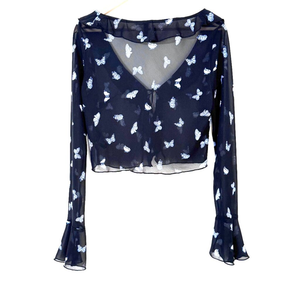 Y2K Butterfly Sheer Chiffon Cropped Top Bell Sleeves Ruffle Collar Cardigan - Picture 5 of 11